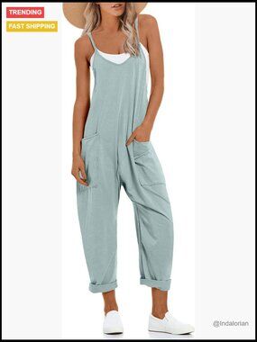 Casual Jumpsuit with Adjustable Straps & Pockets, Wide Leg Romper for Women